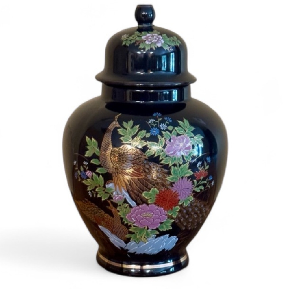 Vintage Japanese Black Porcelain Ginger Jar w Lid Peacock Peony Floral Gold Gilt